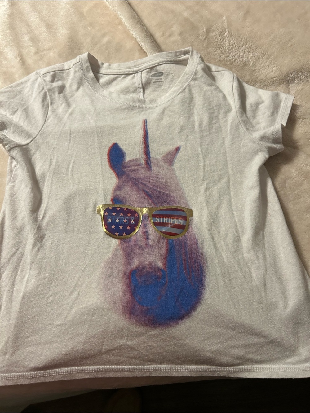 Old Navy White Girls' Unicorn Graphic Tee with Gold Sunglasses